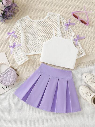 4-7 Years Old Girls 3-Piece Sweet & Fashionable Set: Minimalist Camisole Top + 3D Bow Decor Cropped Jacket + Pleated Skirt, Suitable For Spring/Summer Outings, Family Trips, Casual Sports, Daily Wear