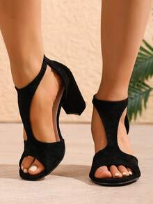 New Fashion Open Toe Zipper Chunky Heel Fishmouth Strap Sandals, Stylish High Heels - Black - View 4