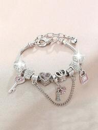 1pc Multifunctional Bracelet With Key Lock And Heart-Shaped Diamond Pendant, Fashionable European And American Style, Suitable For Teenagers To Gift To Friends
