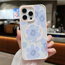 High-Quality Macaron Acrylic Magnetic Phone Case with Blue Floral Print, Magnetic Charging Phone Case, Shock-Resistant Protective Cover for  11, 12, 13, 14, 15, 16, 17, 17 Air, 17 Pro, 17 Pro Max - Rosa - Ver 9
