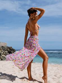 wohenmeili 女士夏季沙滩印花露背系带性感比基尼套装，含罩衫和裙子 - 白底粉花 - 查看 7