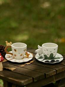 1 Set Creative Hand-Pinched 3D Squirrel & Pigeon Painted Ceramic Coffee/Milk Cup & Saucer - Multicolor - View 1