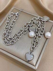 1件金色粗链项链，饰有心形和珍珠吊坠 - 醒目的心形+珍珠设计，时尚浪漫的日常休闲饰品，情人节礼物，男女皆宜 - 彩色 - 查看 2