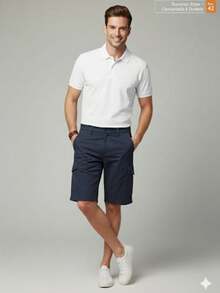 Shorts Sport Fino Cargo  Verão    Solto    Bolso  Cordão  Botão    Halloween  Natal - Azul Marinho - Visão 1