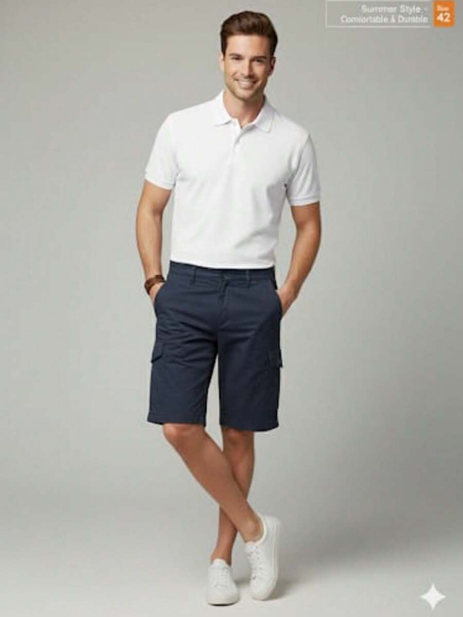Shorts Sport Fino Cargo  Verão    Solto    Bolso  Cordão  Botão    Halloween  Natal - Azul Marinho - Visão 1