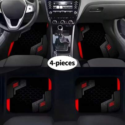 Juego de 4 alfombrillas de piso para automóvil con estampado geométrico de parches en negro y rojo, accesorios de interior de automóvil, alfombra fácil de limpiar, adecuada para automóviles, camionetas y SUV, interior de moda y vanguardista, que mejora el placer y la comodidad de la conducción