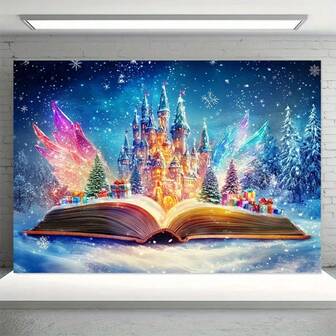 Telón de fondo grande del castillo de hadas congelado, hecho de fibra de poliéster, fondo de fotografía estético simétrico, adecuado para decoración de fiestas al aire interiores, ideal para vacaciones, cumpleaños, bodas, fotos y videos, sin necesidad de electricidad