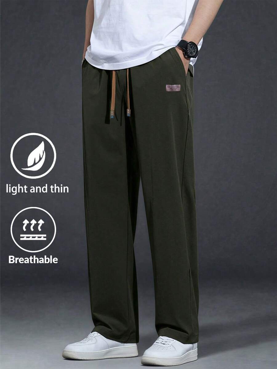 Men's Relaxed Fit Drawstring Waist Slant Pockets Solid Color Pants, Fall - Army Green - View 1