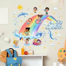 1pc Whimsical Underwater World Wall Decal - Colorful Waves And Friendly Whales, Removable Wallpaper, Suitable For Children's Room And Nursery Decor; Educational Ocean Theme Wall Sticker - Vibrant Whale And Wave Decal Set, Self-Adhesive Decoration For Kindergarten And Playroom; Dreamlike Ocean Mural - Playful Whales Swimming In Rainbow Waves, Peel And Stick Wall Decal - Multicolor - View 4