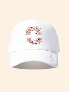 1pc White & Pink Rose Embellished Letter Design Trucker Hat, Customizable 26 Letter Text, Name, Birthday, Fashion Breathable Hollow Sunshade Baseball Cap, Suitable Gift For Friends & Kids, Spring/Summer - White - View 33