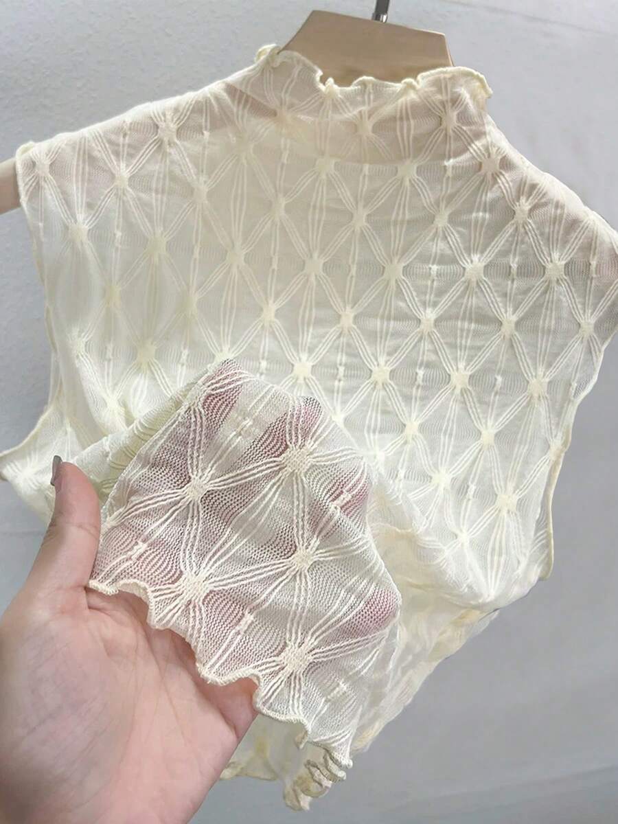 时尚高领蕾丝边修身无袖上衣，几何花卉半透明图案，休闲夏季 - 杏色 - 查看 1