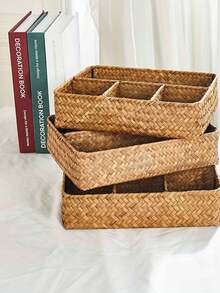 1pc Handwoven Wicker Storage Basket - Multi-Compartment Organizer For Snacks, Desk Accessories & Decor, Natural Rattan Design, Perfect For Home Or Office Use, Desk Organizer|Traditional Style|Woven Texture, Basket Storage - Multicolor - View 7