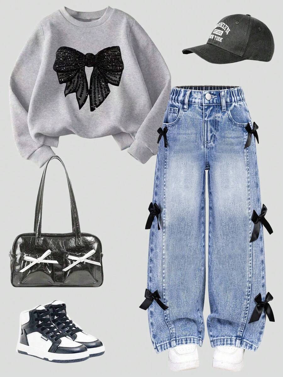 少女蝴蝶印花圆领长袖上衣和牛仔裤套装 - 灰色 - 查看 1