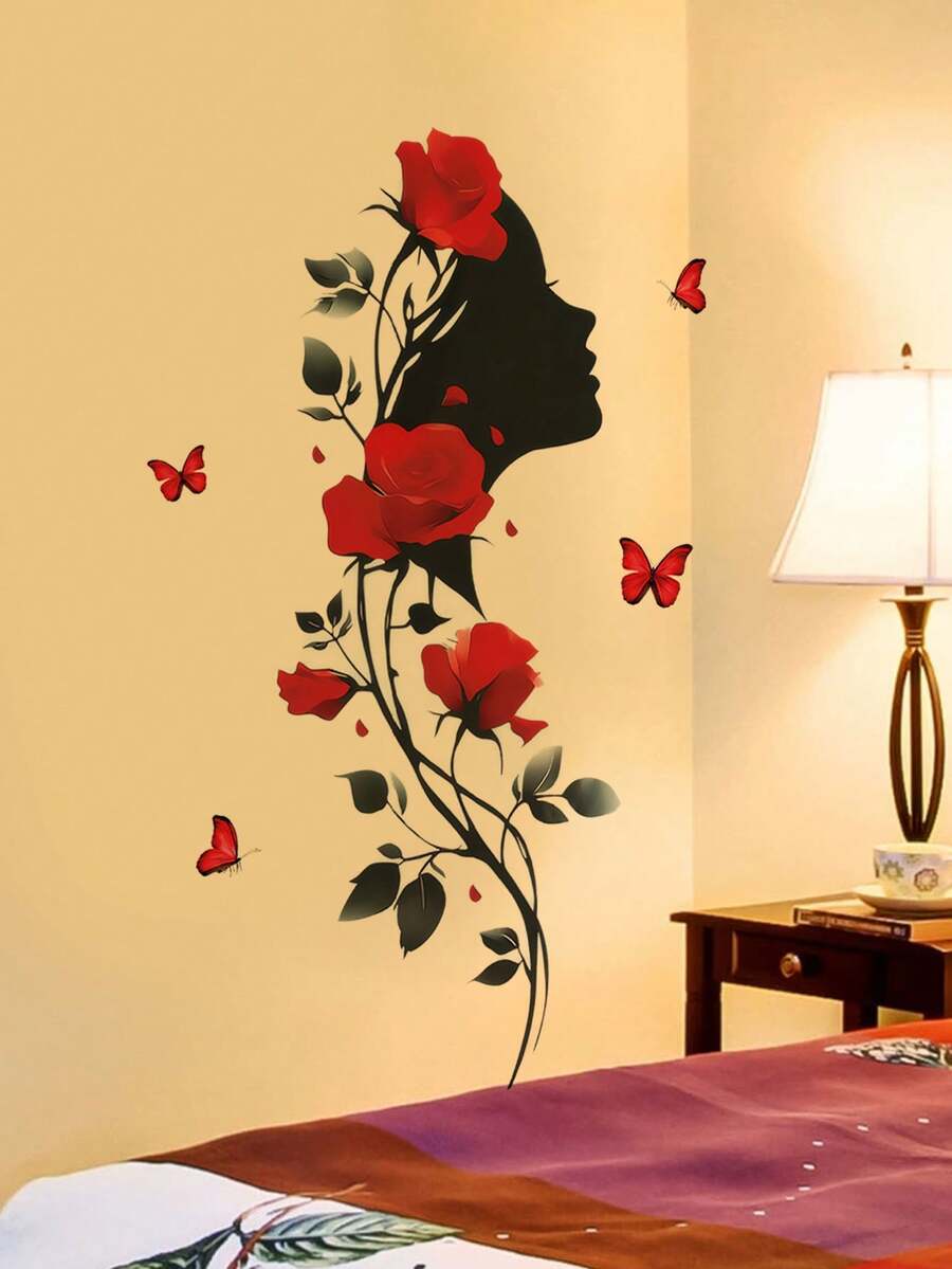 1pc Valentine's Day Beautiful Woman Side Profile Rose Flower Branch Wall Decal, Removable Bedroom Living Room Decor For Dates And Holidays - Red - View 1
