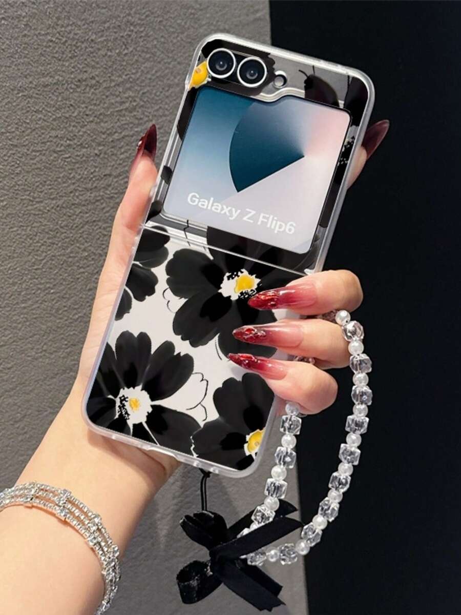 1 pieza Funda de teléfono plegable con diseño floral minimalista de material PC mate con acabado mate, incluye una pulsera a juego, protección anti-caídas: para Samsung Galaxy Zflip 3/Zflip 4/Zflip 5/Zflip 6/Zflip 7, Find N3 Flip, Razr 50 Ultra, Razr 60 Ultra, Razr 60, Razr 50, MIX Flip, Galaxy Z Flip7 FE - transparente - Ver 1