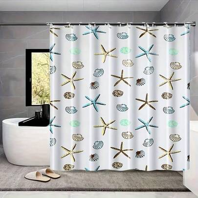 1 pieza Cortina de ducha con diseño de estrella de mar [Material PEVA], patrón de elementos oceánicos, fácil de limpiar, decoración de baño para todo el año, con ojales en la parte superior, adecuada para baño, pantalla de privacidad, secado rápido y lavable, opaca, para todas las estaciones