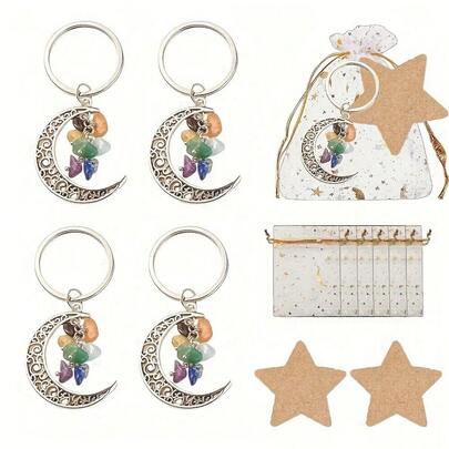 24件/套彩色石头月亮钥匙扣派对礼品，开斋节派对纪念品，星月主题派对，生日派对，圣诞派对，婚礼派对，套装包含8个钥匙扣，8个空白星星标签（可手写），8个星月图案束口袋