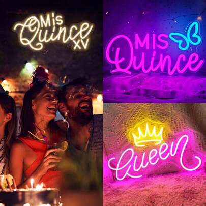 1pc USB Powered Acrylic "Mis Quince (Quinceañera)" LED Neon Sign (With 78.7" Data Cable) | Multi-Color (Yellow/Pink/Blue) Illuminated, Wall Mountable | Handwritten Font + Crown Details, Festive Style | Quinceañera/Birthday Decor | Sweet 15 Party/Teen Celebration Prop | Great Gift For Girls