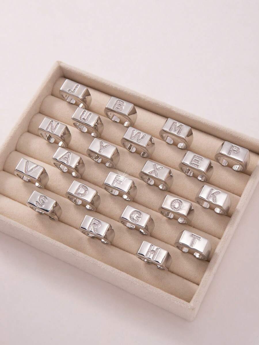1pc Luxury Women's Ring, Copper Inlaid Cubic Zirconia 26 Letter Block Open Ring, Suitable For Daily Wear, Gift For Friends, New Year, Valentine's Day - Silver - View 1