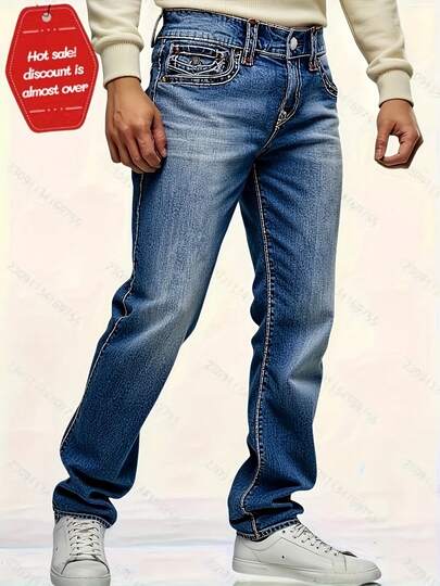 Men's Simple Casual Jeans, Mid-Waist Design Loose Straight Pants, Vintage Washed Classic Blue, Non-Elastic Fabric Suitable For Machine Wash, Suitable For All Seasons, YKK Zipper Closure, Back Pocket Flap Design With Button Decoration, Essential Casual Wear Jeans