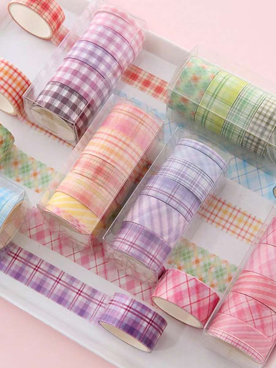 Bộ băng dính kẻ caro và băng dính Washi, đồ dùng văn phòng phẩm sáng tạo tự làm, băng dính trang trí sổ lưu niệm kẻ caro. - kẻ sọc nhiều màu - Xem 1
