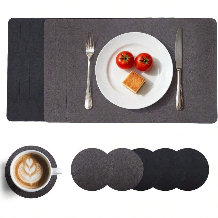 Gugxiom Juego de 6 manteles Individuales y Posavasos con diseño de Piel de Vaca aislantes del Calor y antiescaldaduras rectangulares y de Doble Cara Marrón café + Negro - MarrncafNegro - Ver 1