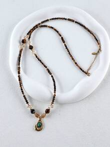 Dây chuyền dài hạt đá tự nhiên Bohemia với mặt dây chuyền đá Malachite, trang sức thủ công dành cho nữ, hạt đá mắt hổ, dây đeo áo len. - Hình vuông - Xem 8