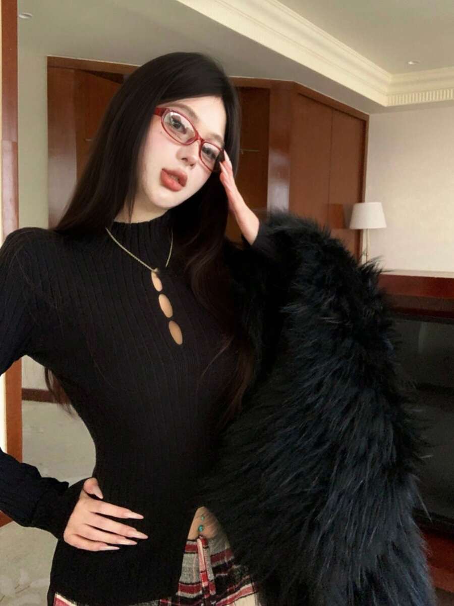 Black Hollow Stand Collar Long Sleeve T-Shirt, Sexy Style, Slim Fit Knit Sweater Top, Spring New Arrival 2026 - Black - View 1
