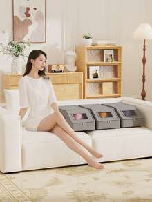 1pc Gray Oxford Cloth Hat Storage Box With Zipper And Lid, Dustproof, Visible, Stackable Baseball Cap Organizer - Multicolor - View 3