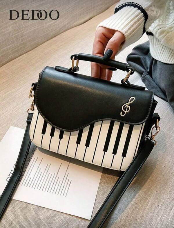 Bolso cuadrado con solapa con estampado de teclas de piano, bolso de mano con notas musicales de piano y guitarra, bolso de cuero sintético creativo tipo tote, bolso bandolera para mujeres y niñas, bolsos pequeños