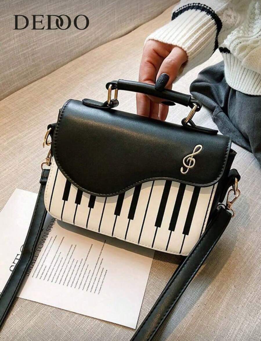 Mini Piano Key Pattern Flap Square Bag Piano Guitar Music Notes Handbag, Creative PU Leather Tote Bag, Crossbody Bag For Women Girls , Small Bags - 黑與白 - 查看 1
