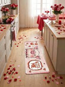 1PC Cute Piggy Cartoon Pattern Thick Diatomaceous Earth Kitchen Mat With Rubber Bottom, Machine Washable, Non Slip Rectangular Carpet, Suitable For Living Room, Bedroom, Bathroom, Kitchen Use - Machine Made Decorative Carpet - Multicolor - View 2