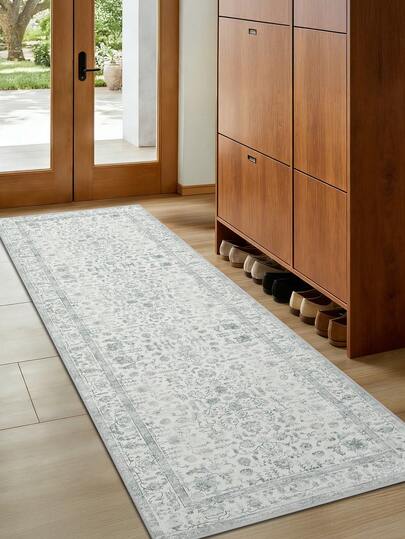 1 pièce Tapis gris clair, style bohème, tapis de couloir à base de faux cachemire, 1000 g/m², dos antidérapant, tapis de zone, tapis pour salon, tapis de chambre, lavable en machine, à poil ras, pour cuisine, couloir, salle à manger, bureau, toutes saisons
