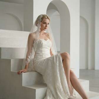 1pc Luxury Long Lace Trim Bridal Veil, Suitable For Wedding, Proposal, White Vintage Wedding Dress Accessory, Photo Shoot