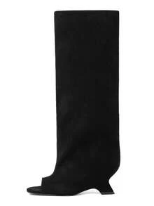 Knee High Boot Open Toe Kitten Heel Stiletto Heeled Boots For Woman Suede Wide Calf Long Boots Heeled Slouchy Formal Shoes Winter Tall Boots For Women - Nhung đen A - Xem 4