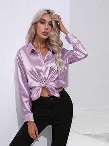 Solid Color Shirt Women's Satin Imitation Silk Long Sleeve Shirt Spring, Summer, Autumn And Winter New Style - 淺紫色 - 查看 6