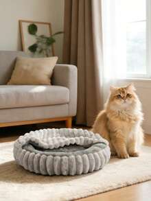 1pc Faux Rabbit Fur Round Semi-Enclosed Plush Pet Bed, Warm & Comfortable Padded Pet Nest Suitable For Medium/Large Cats & Dogs, Reversible Cover Can Be Used As Blanket, Winter - Black - View 4