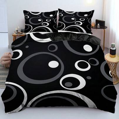 3件套现代几何圆形图案被套套装（1个被套+2个枕套，不含被芯），采用时尚的黑白交织圆形图案，别致的单色设计，柔软亲肤，舒缓视觉疲劳，四季皆宜，拉链封口，适用于酒店、卧室、客房和宿舍的床上用品装饰，易于打理，时尚轻盈，透气性好，易于护理，简约现代风格。