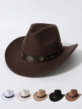 1 pezzo Cappello a tesa larga a forma di cuore in feltro arricciato da donna, decorato con cintura nera e fibbia in metallo color rame, adatto per uso esterno, stile cowboy occidentale, feste, unisex