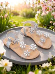 1 Pair Fashionable Shiny & Beautiful Flower Decorated Flat Sandals, Fairy Style, Perfect For Summer Wear - Silver - View 2