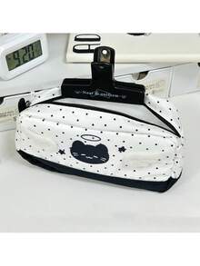 1pc Japanese Style Polka Dot Cat Pencil Case, Ins High-Quality Blue & Color-Blocking Devil Angel Cat Pencil Bag, Cartoon Cute Large Capacity Stationery Pouch For Students