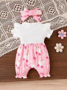 1pc Infant/Toddler Girls' Cute Print Short Sleeve Romper, Lightweight, Spring/Autumn, Nature Style - Pink - View 2