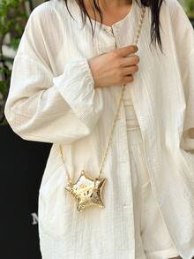 1pc New Mini Metal Pouch, Electroplated Silver Coin Purse, Shiny Avant-Garde Metallic 5-Pointed Star Handbag, Star Chain Crossbody Bag, Asymmetric Handheld Bag, Accessory Pouch, Elegant Coin Purse, Earphone Case , Wedding - 金色 - 查看 4