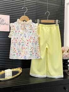 两件套女童休闲荷叶边上衣和碎花阔腿裤套装，甜美夏日装扮 - 青檸色 - 查看 2
