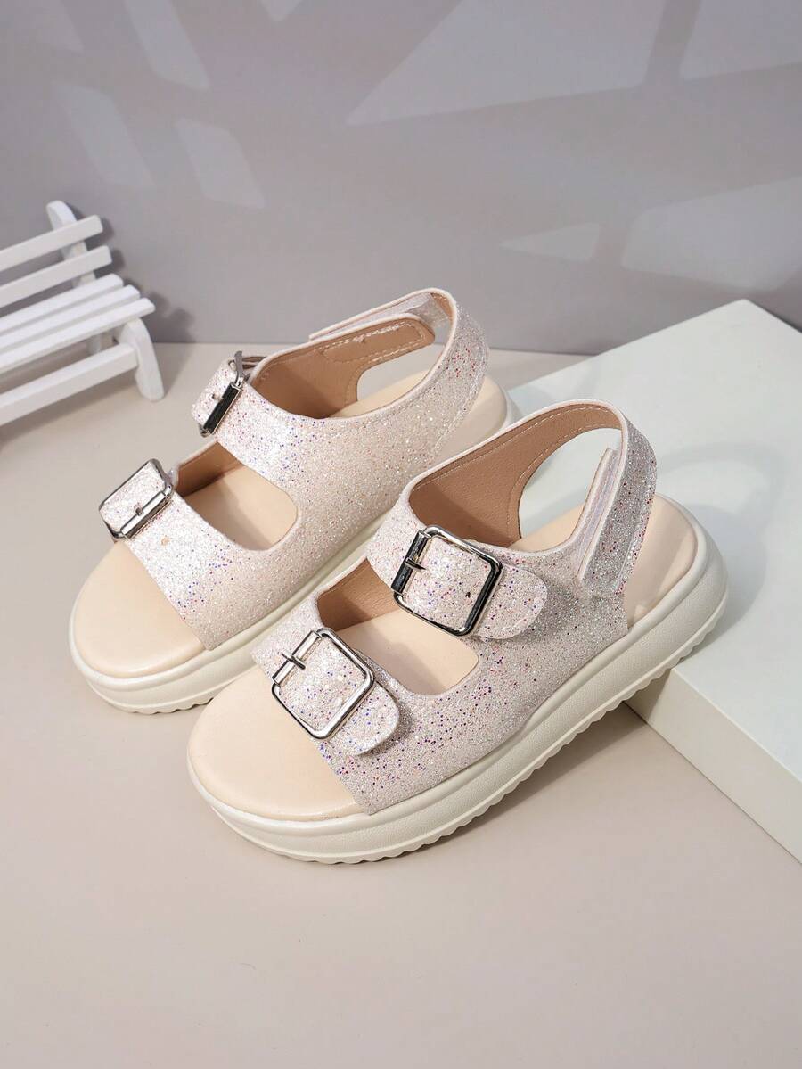 1 Pair Kids' Shimmery Pink Glitter Sandals | Lightweight Anti-Slip Flat Open-Toe Occasion & Beach Shoes For Girls Summer - Beige - View 1