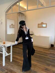 二合一女士长袖针织衫，春秋季款，设计细节：收腰设计，修身剪裁，可作内搭衬衫 - 黑色 - 查看 3