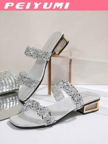 Sandalias planas con tiras de cristal paralelas para mujer, elegantes y versátiles para la playa - Plateado - Ver 3
