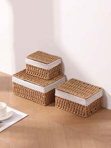 Lidded Woven Storage Basket | Multifunctional Storage Box For Cosmetics, Keys, Snacks & Small Items | Essential For Dorm Rooms, Also Suitable As Elegant Wedding Gift Decor Box | Fashionable Space-Saving Desktop Storage Box For Living Room, Hallway, Office & Bedroom - Apricot - View 4