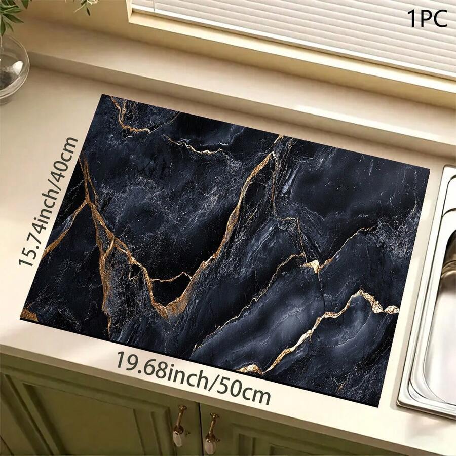 1pc Dark Marble Print Absorbent Mat/Drying Mat For Coffee Maker, Dishes - Polyester Absorbent Desktop Protective Mat With Rubber Anti-Slip Pad, For Kitchen Counter Decor, Home Bar And Dining Table - Multicolor - View 1