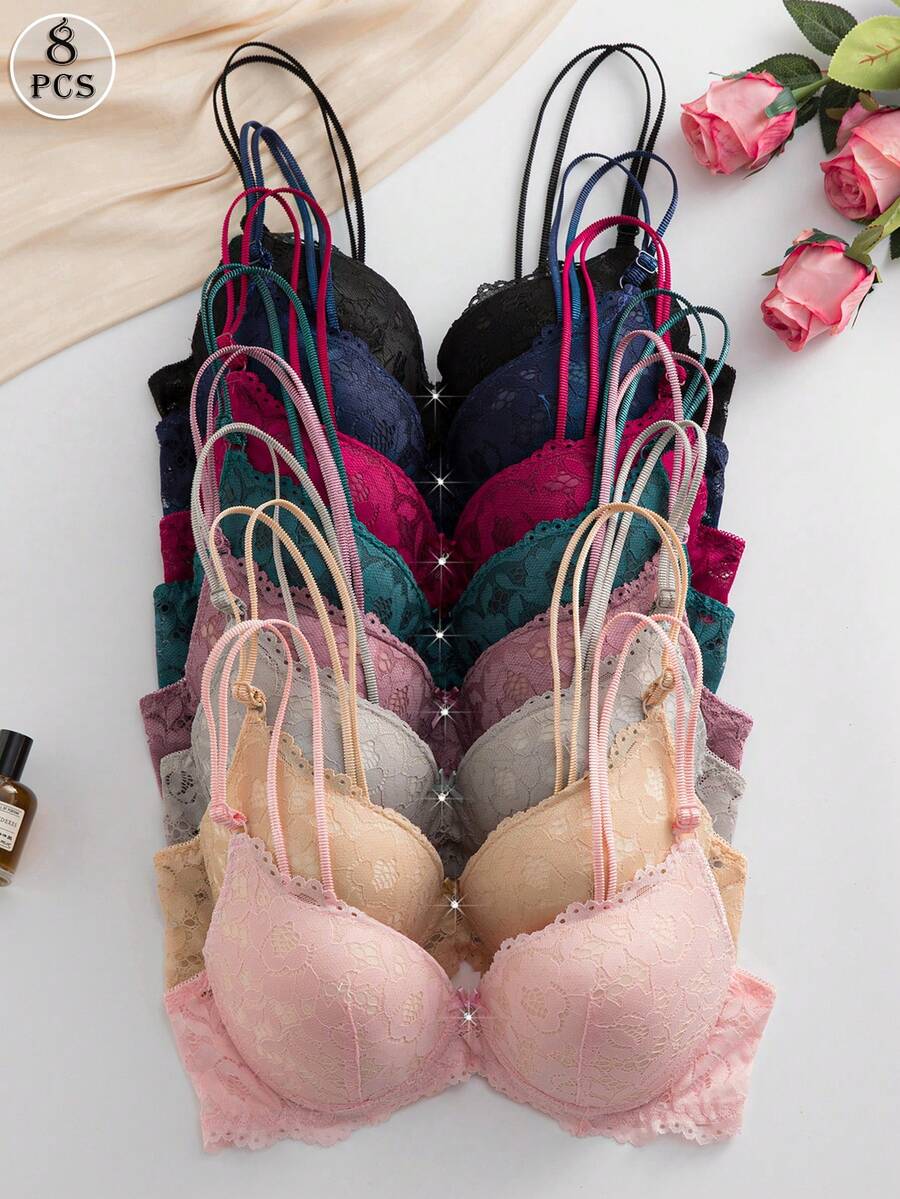 8pcs Women's Lace Bra Set With Underwire Support - Mixed Color Combination - Multicolor - View 1